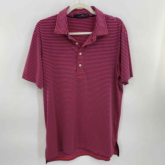RLX Ralph Lauren Golf Polo Shirt Mens Medium Orange‎ Blue Red Stripe Polyester - Picture 2 of 7